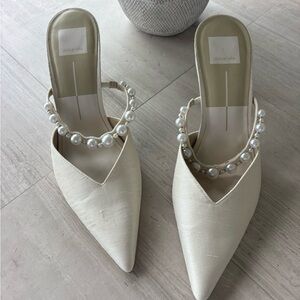 Dolce Vita Cream Pointed-Toe Mules with Pearl-Strap